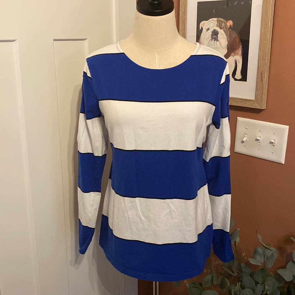 Tyler boe royal blue white striped M boatneck lace up arm detail cotton shirt